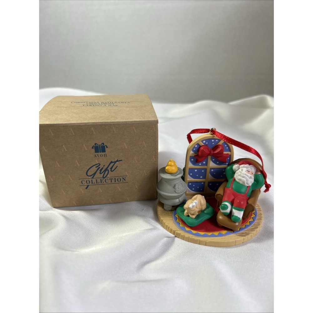 Vintage Avon Christmas with Santa Taking A Nap Ornament New In Box Resin Grandma